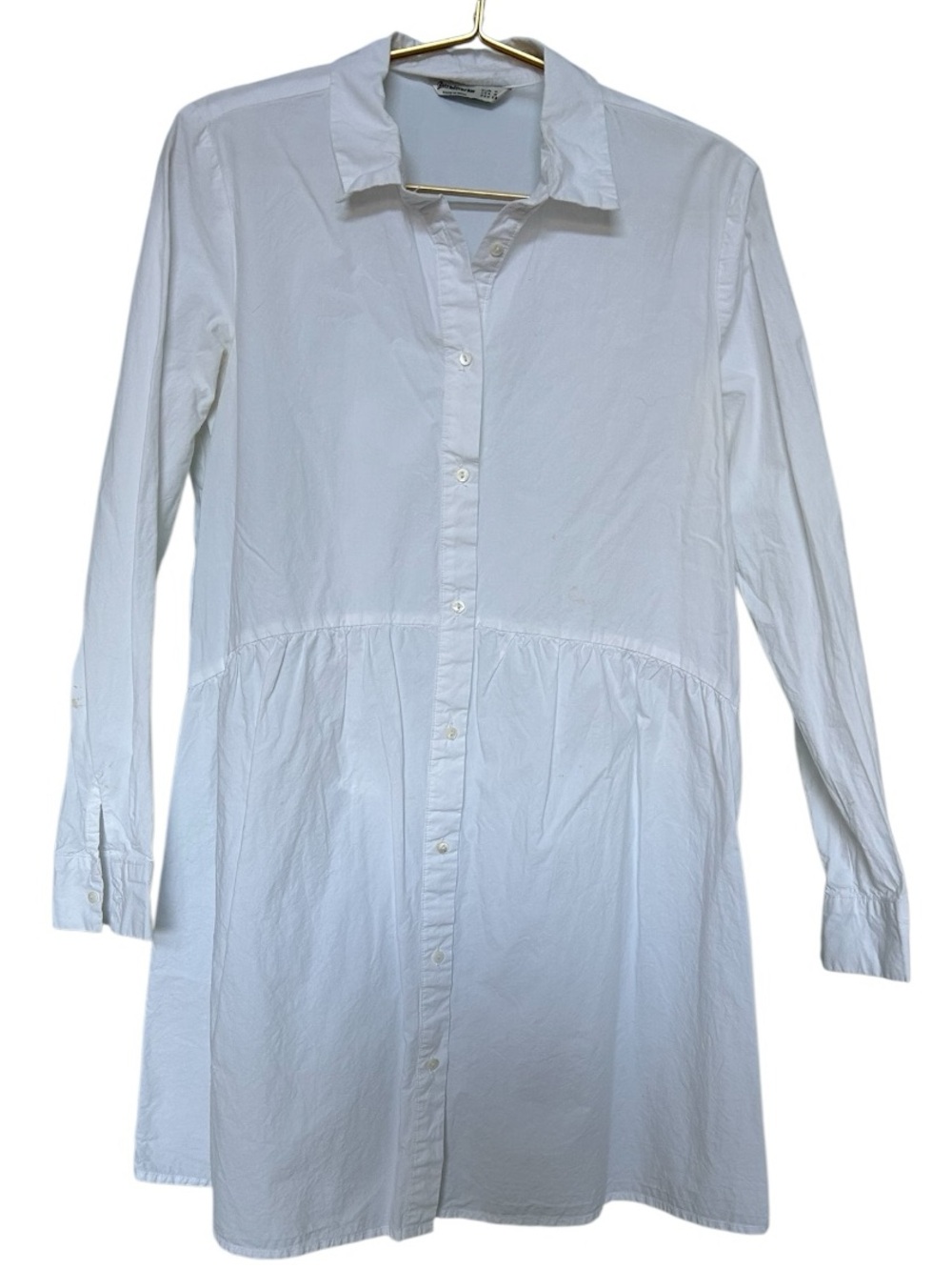 stradivarius White Long Sleeve Button-Front Shirt Dress